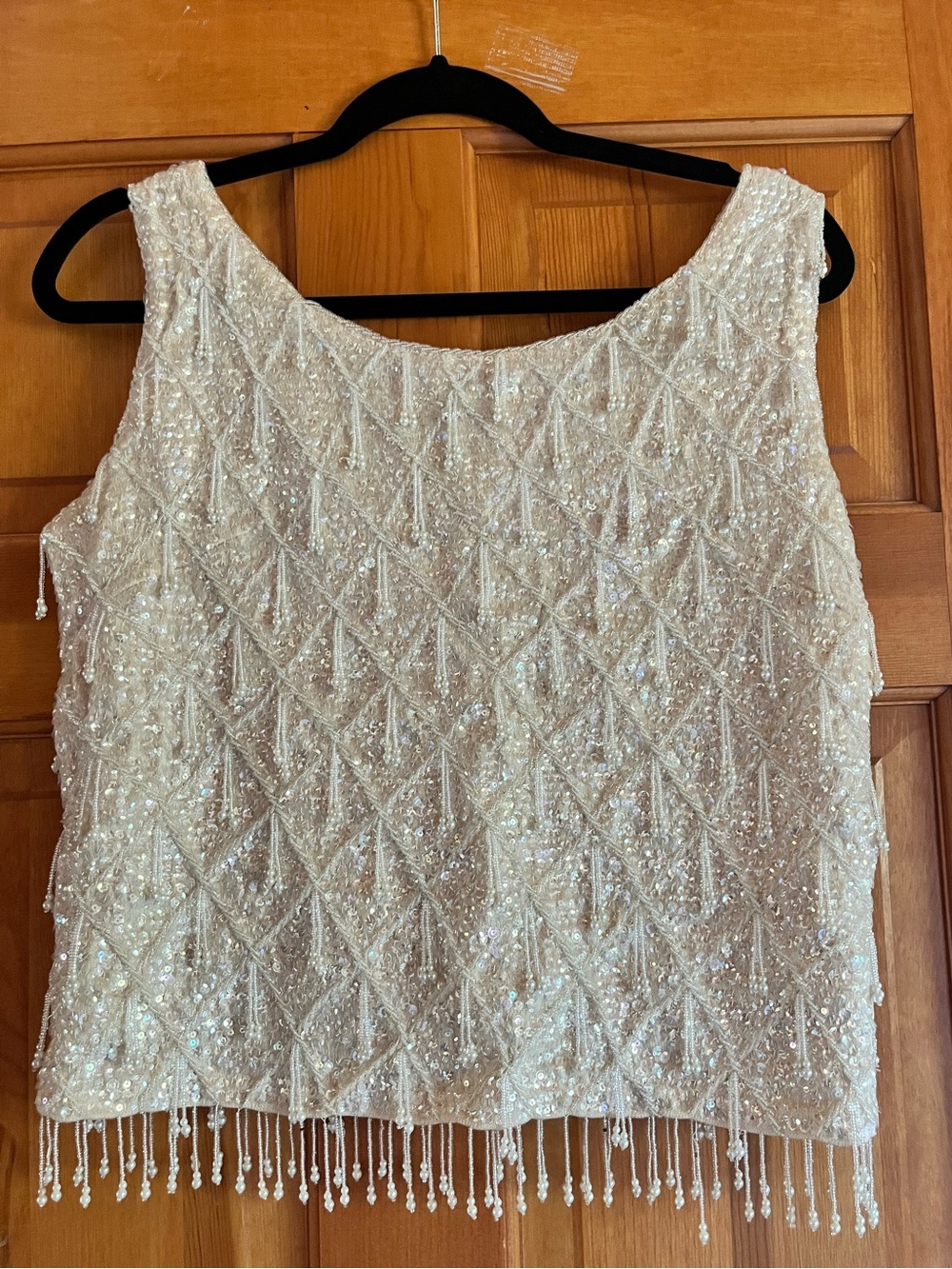 Vintage 100% wool Ivory Sleeveless iridescent Sequin Tank with Fringe size M